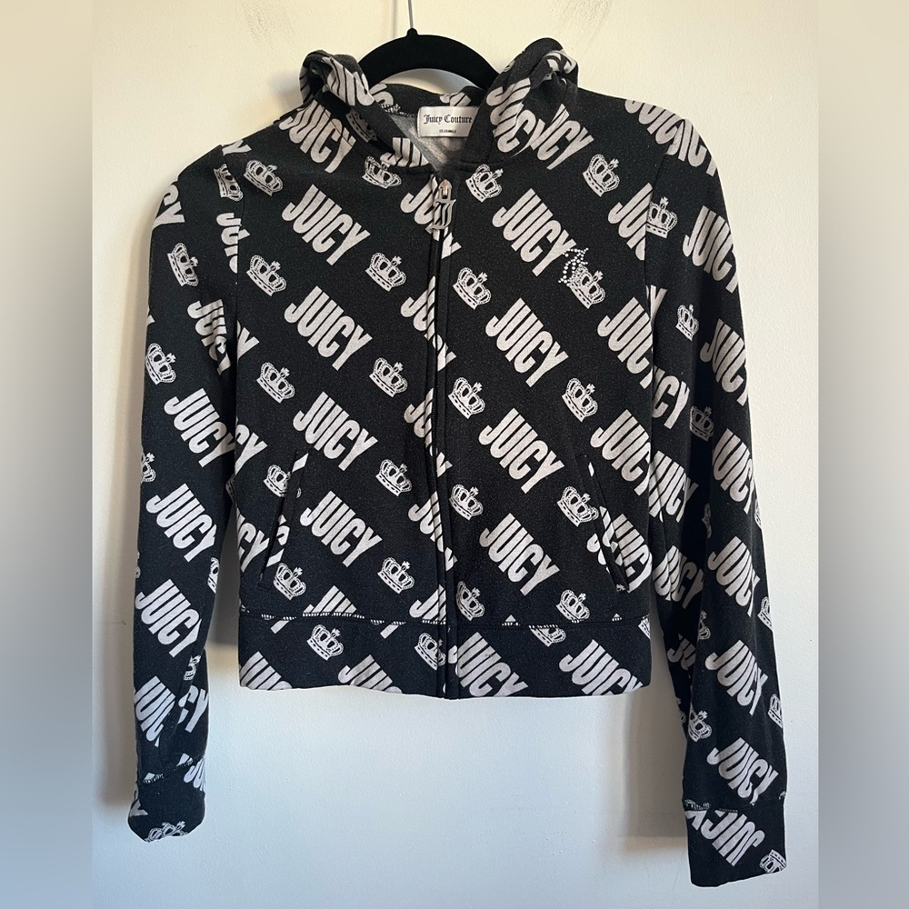 Juicy Couture Full Zip Hoodie Crown All Over Print - Black - S Small